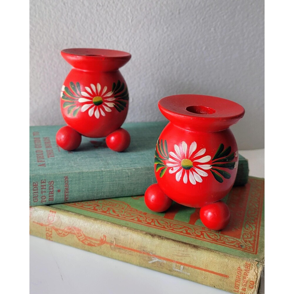 Vintage Swedish Wooden Taper Candle Holders Turned Wood Scandinavian Folk Art Se